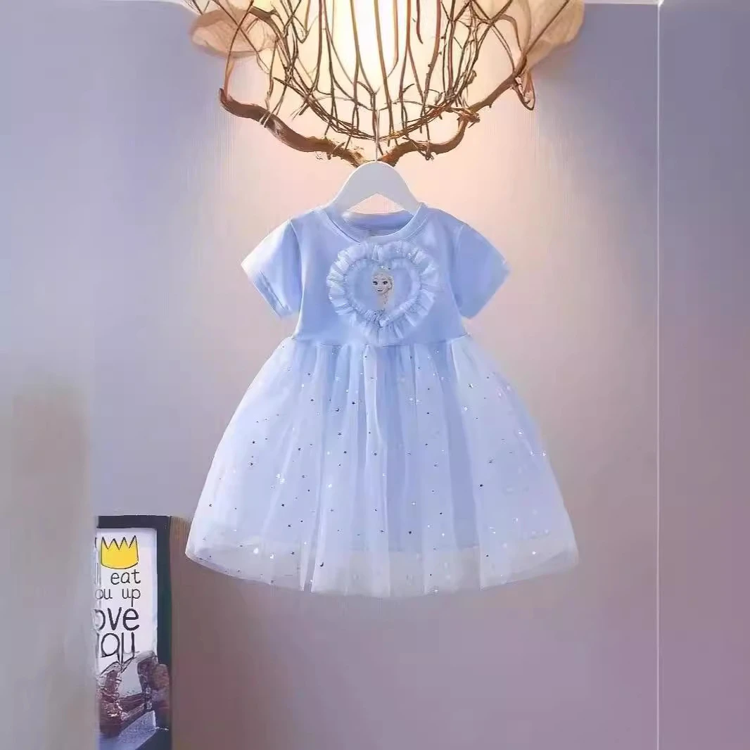 女童连衣裙短袖爱莎公主裙夏季新款冰雪奇缘网纱裙洋气儿童艾莎裙