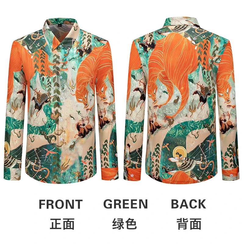 2025春季新款潮流时尚轻奢巴洛克民族风印花修身男士休闲长袖衬衫