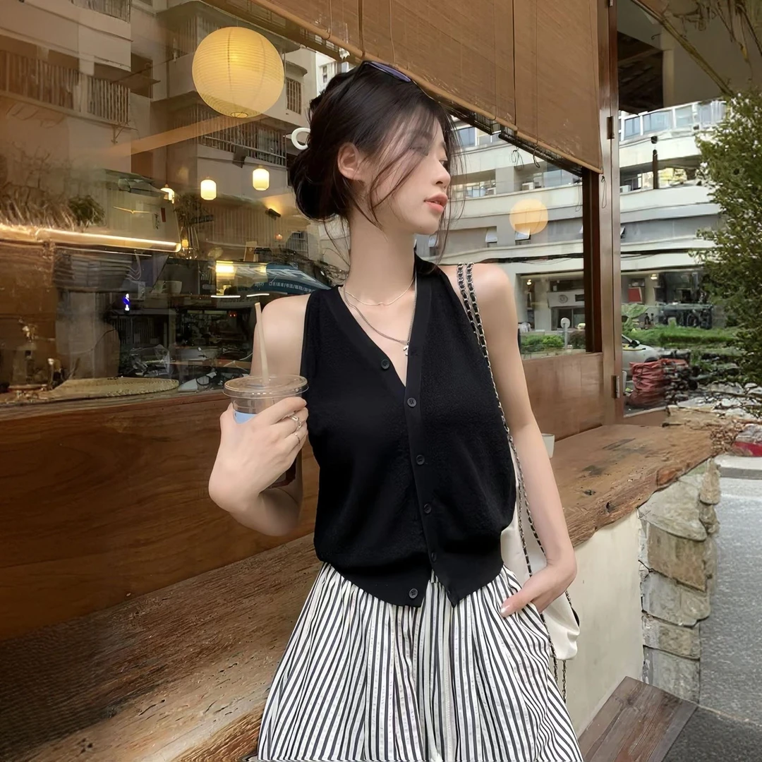 V领无袖针织开衫女夏季经典纯色背心百搭显瘦小衫薄款打底衫上衣