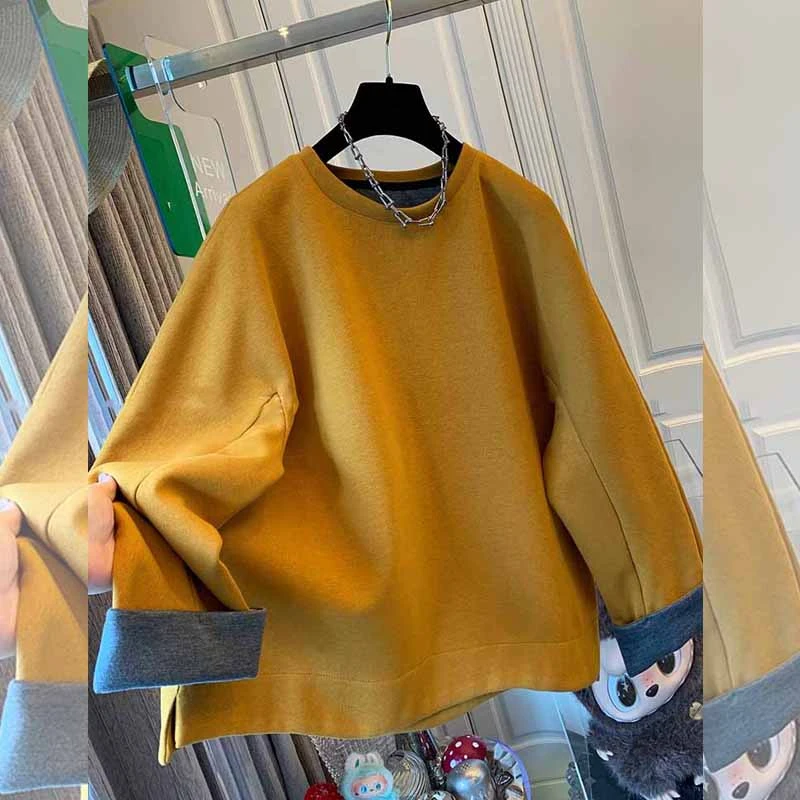 高级感撞色圆领卫衣宽松加厚内搭上衣女大版秋冬新款百搭时尚潮