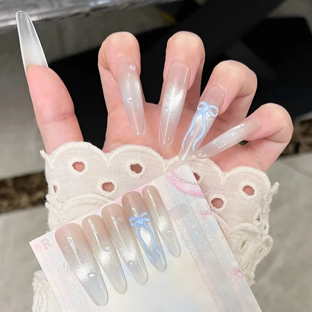 『眼泪糖』手绘蝴蝶结蓝色猫眼秋冬冰凉超长细狗尖椭圆纯手工穿戴甲