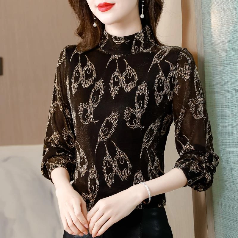 杜拉妮2025春季中年妈妈半高领打底衫女士长袖洋气碎花T恤小衫百