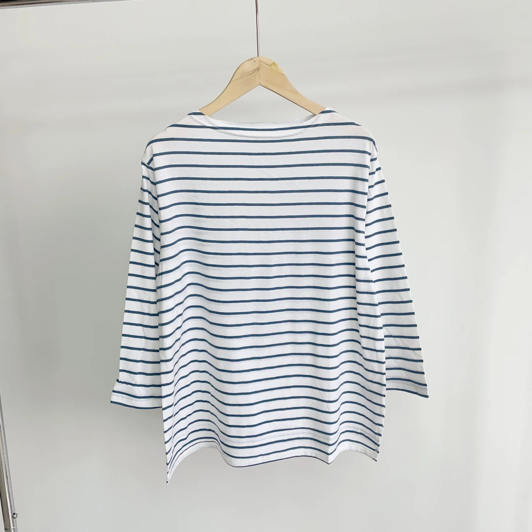 B113 蓝色条纹棉质圆领春款百搭T恤