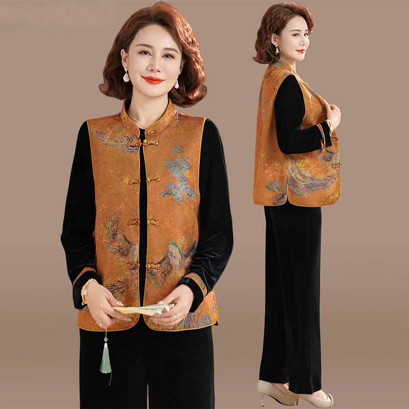 罗蒙妈妈秋装套装新款阔太太中式国风唐装上衣中老年女春秋三件套