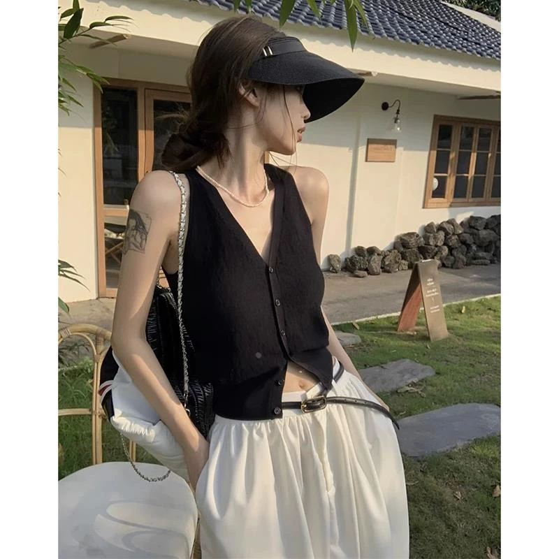杜拉妮黑色v领针织马甲背心夏季马夹外穿开衫外搭薄款无袖坎肩短