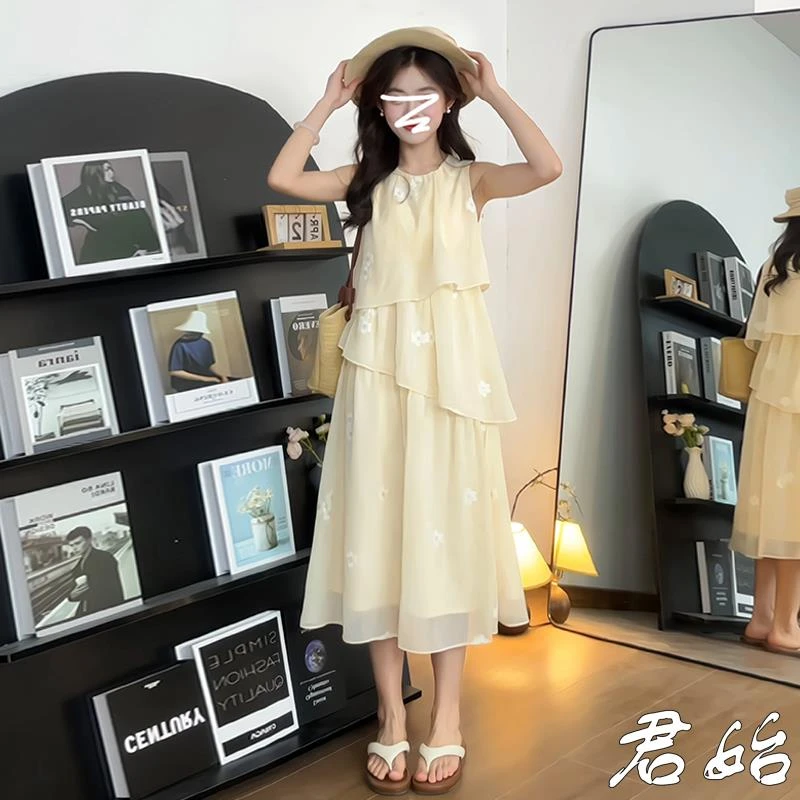 温柔风不规则拼接无袖洋装子女夏季小个子清纯甜美气质吊带长裙