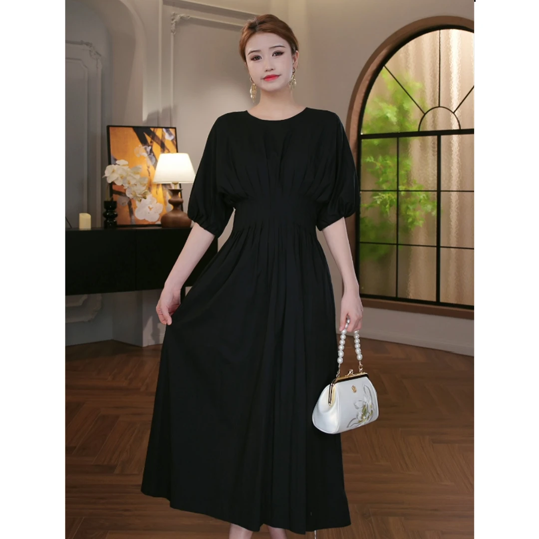 【蒙顿】新款褶皱气质度假风小黑裙收腰显瘦连衣裙MX-0631
