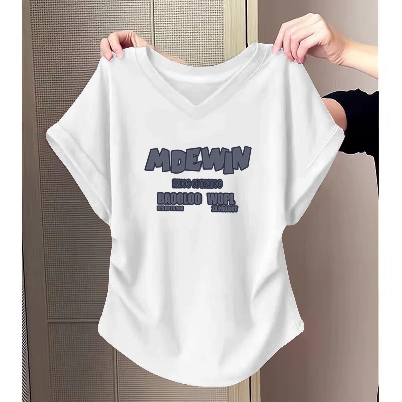 大码胖mm韩版圆弧下摆V领短袖T恤女士夏季纯欲风辣妹修身显瘦上衣