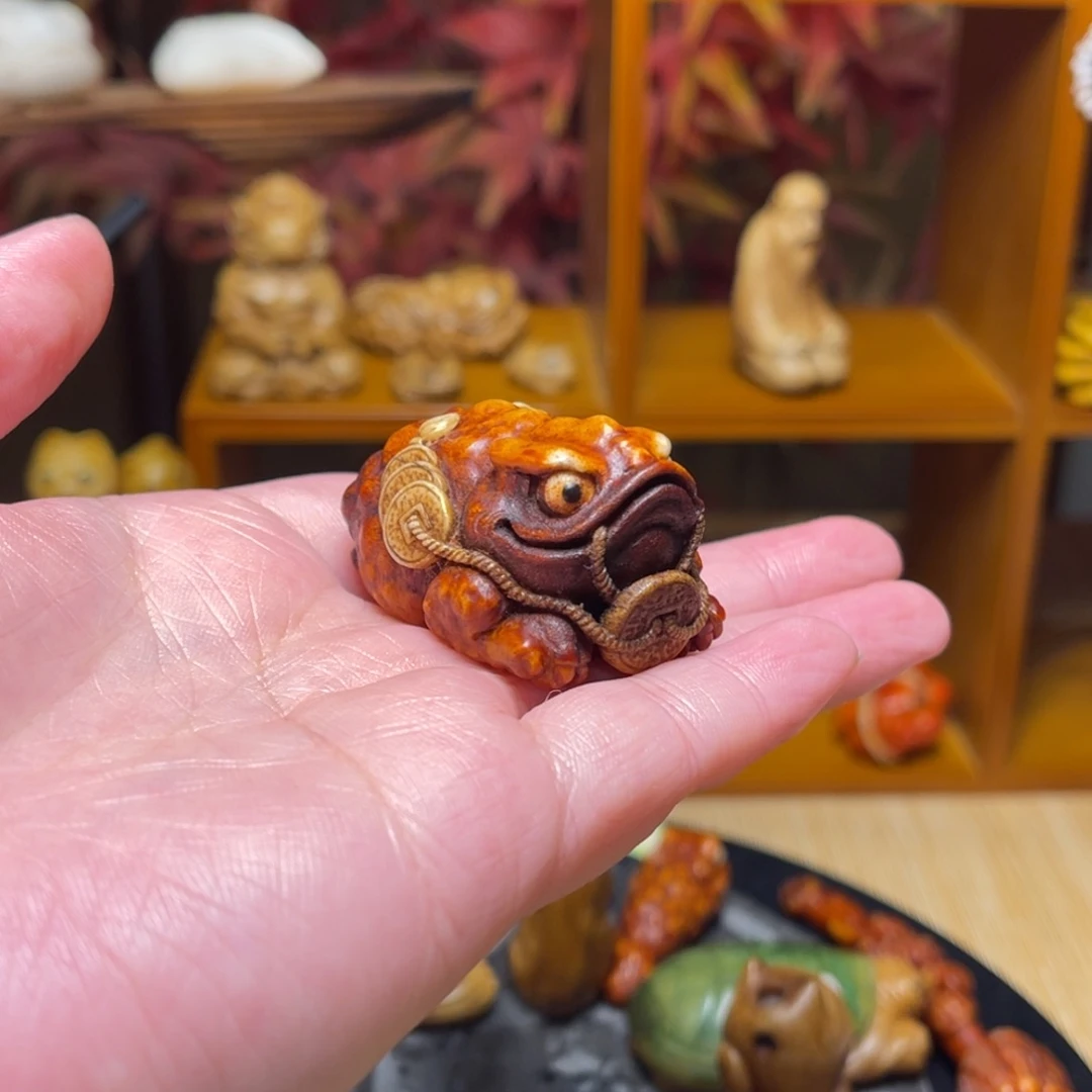 竹***墨鹿骨把件鹿角雕金蟾