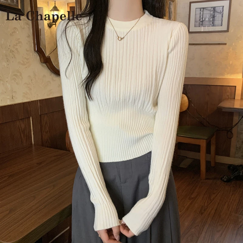 拉夏贝尔2025秋冬新款韩版软糯修身设计感收腰打底圆领针织毛衣