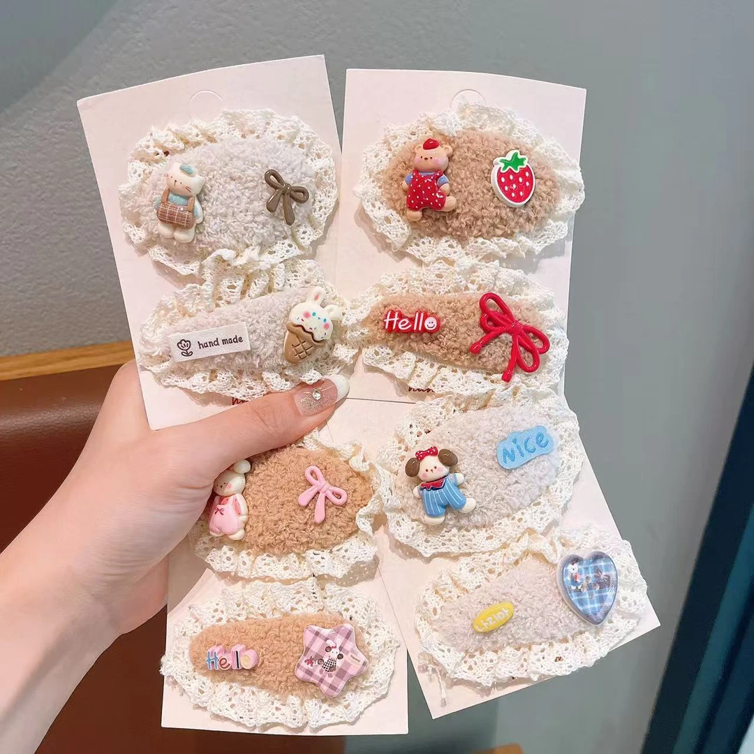 秋冬新款奶咖色可爱毛绒针织侧边bb夹卡通发卡儿童刘海发夹发饰
