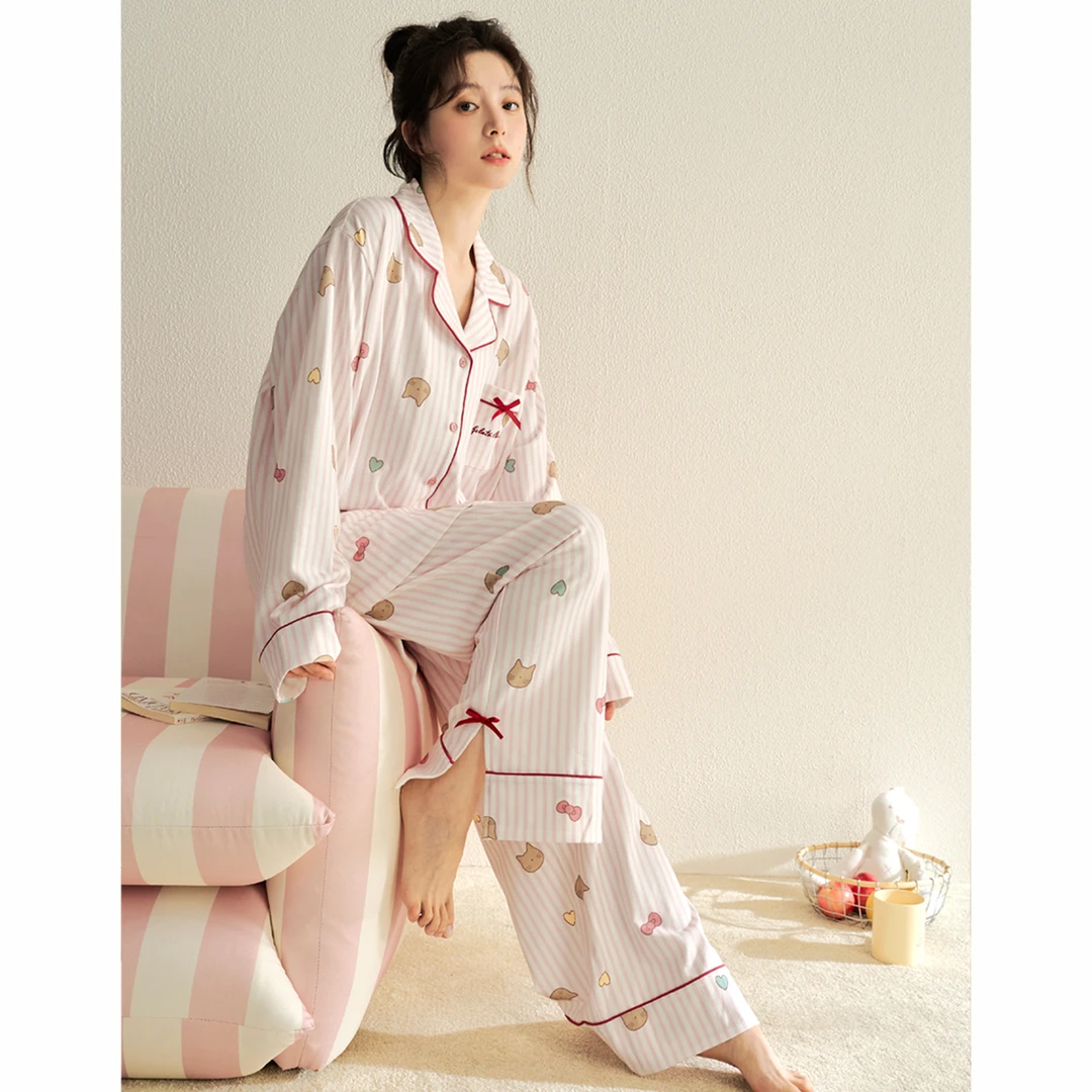 陌娇"韩韩Sweet粉条纹"纯棉睡衣女长袖春秋2025新款家居服套装