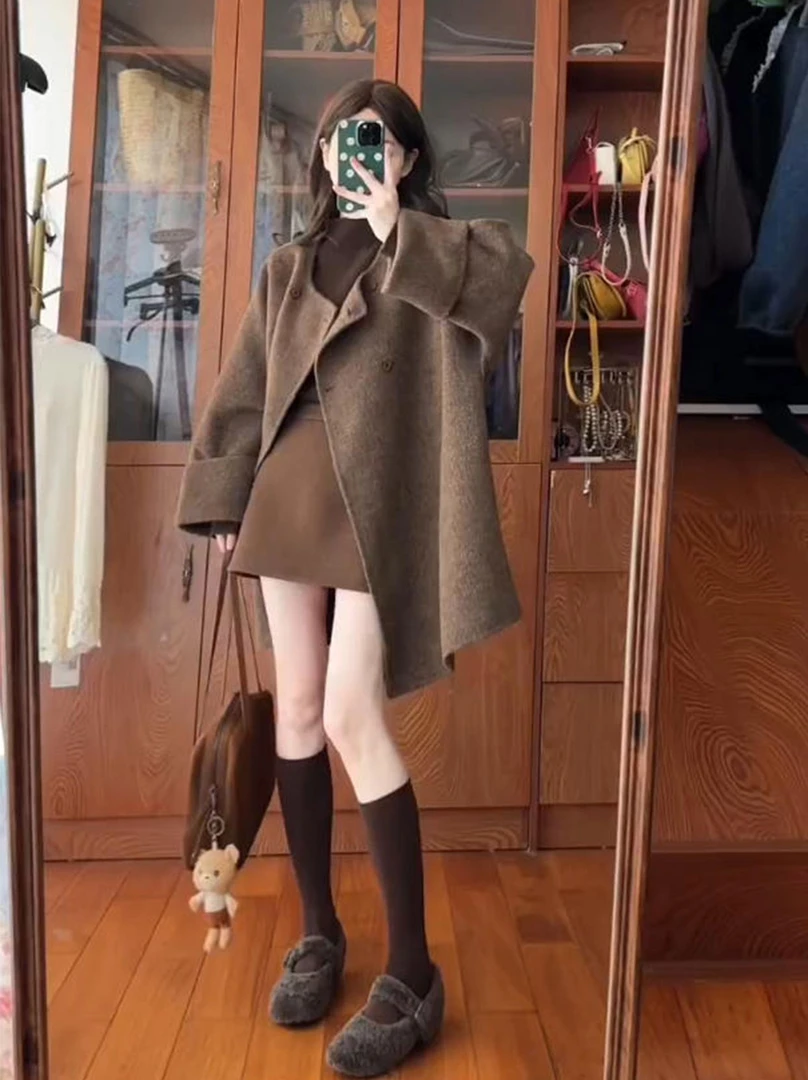 韩系美拉德穿搭一整套秋冬季立领打底衫宽松外套a字半身裙三件套