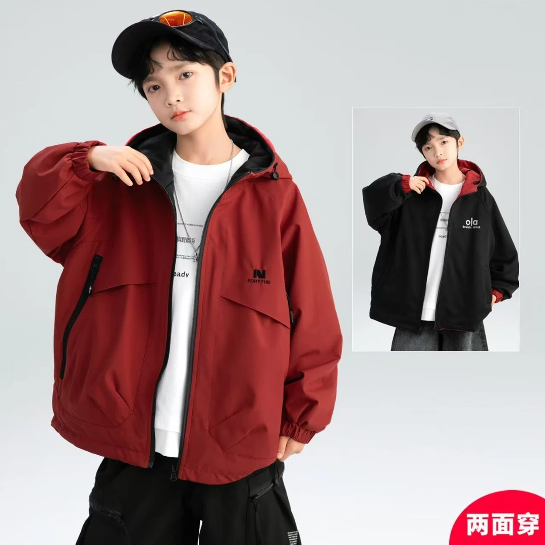 【男童加厚外套】新款中大童双面穿冲锋衣外套网红户外连帽两面穿