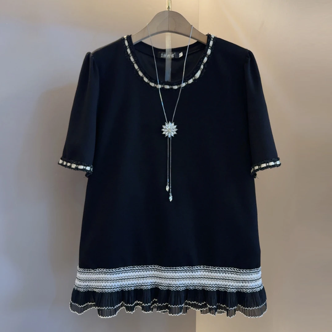 夏季拼接短款打底衫清新圆领女装时尚洋气韩版宽松小众T恤