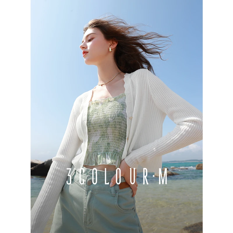 三彩2025夏季新款坑条针织衫V领开衫外套短款长袖罩衫轻薄小衫M