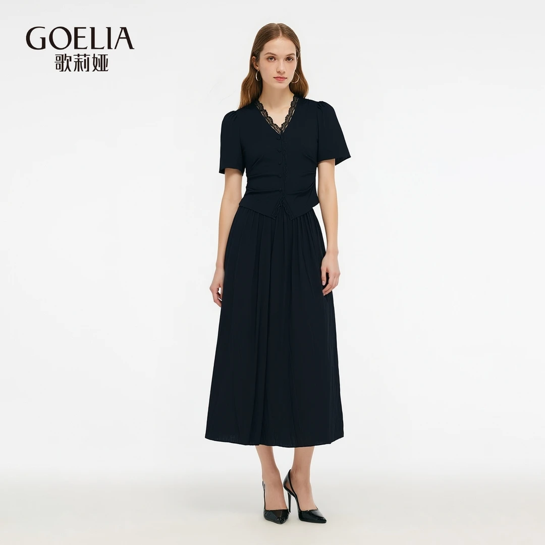 歌莉娅 新品 法式V领赫本风天丝气质优雅弹力套装裙1E8LAC0Z0