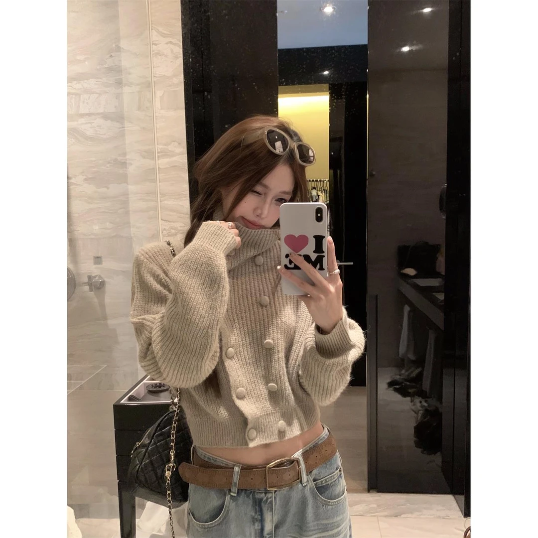 韩系设计感双排扣长袖针织毛衣女装秋季百搭宽松显瘦休闲上衣