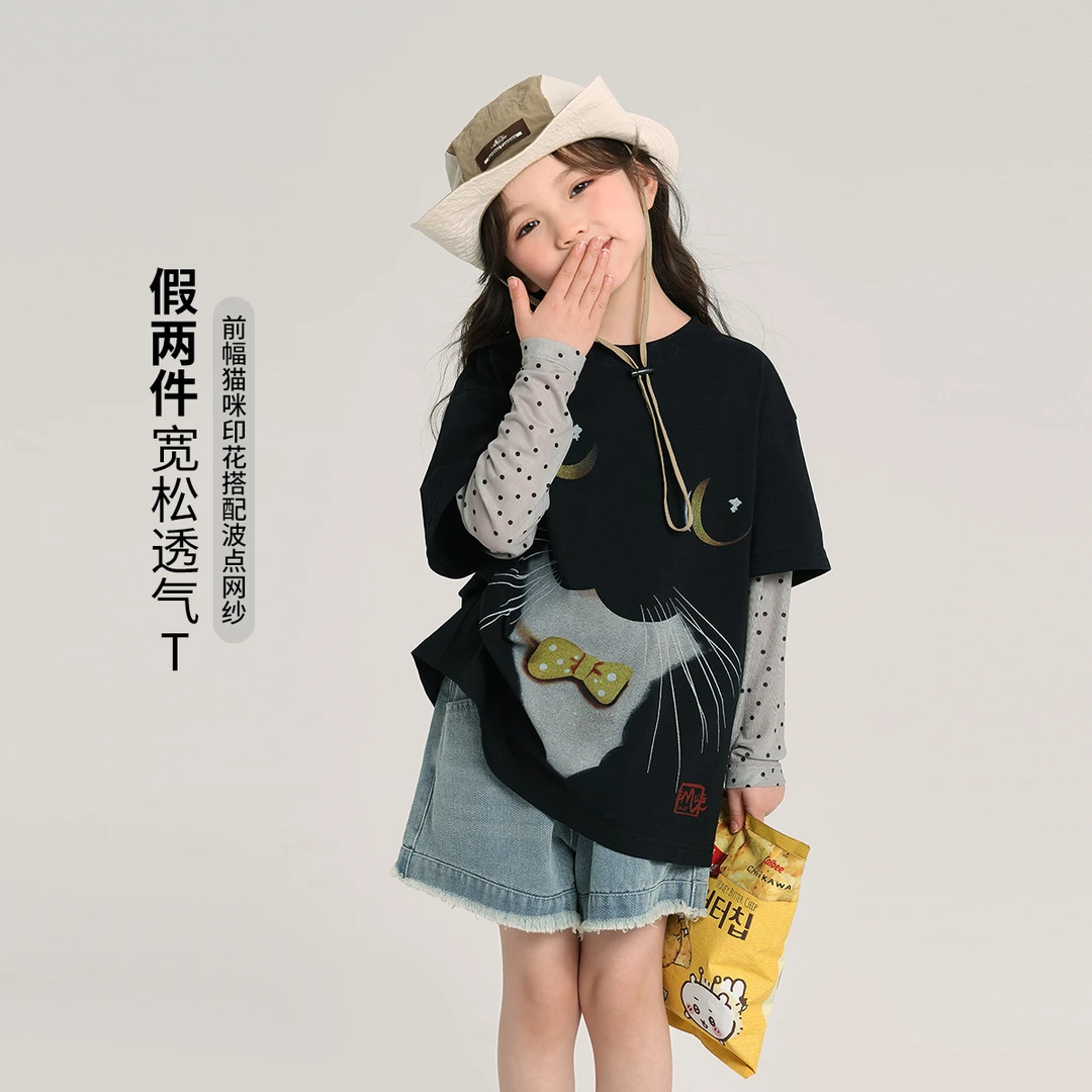 布丁哈鲁 【波点猫】女童春装2025新款爆款儿童夏季短袖T恤G52TW418