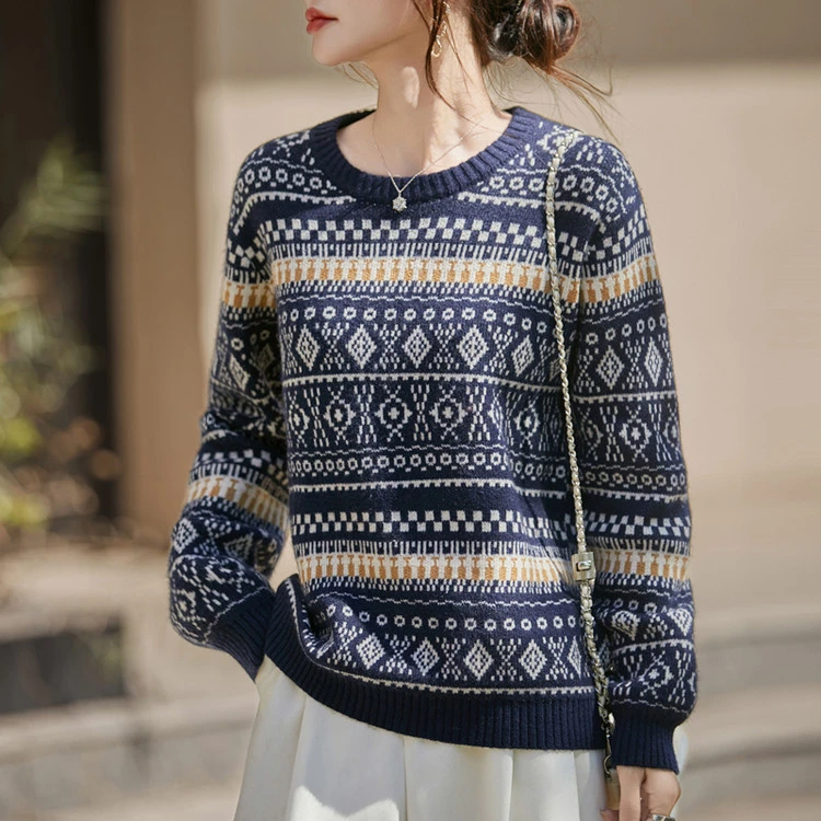秋冬圆领提花羊毛衫女宽松套头长袖毛衣打底衫长袖加厚民族风百搭