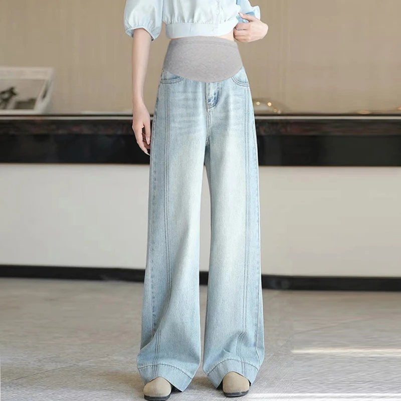 【伊伊】孕妇牛仔裤休闲外穿2025新款春秋季百搭阔腿拖地托腹长裤