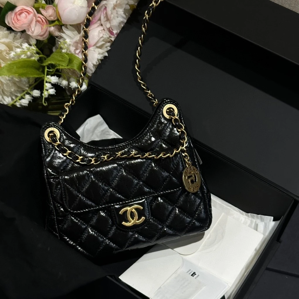 全新未使用 Chanel/香奈儿 黑金油蜡皮天猫精灵包小号 芯