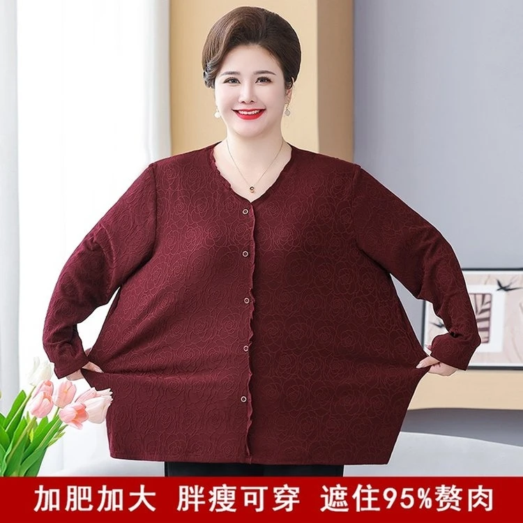特大码中老年女秋冬季宽松薄绒t恤上衣加肥大码胖妈妈保暖打底衫