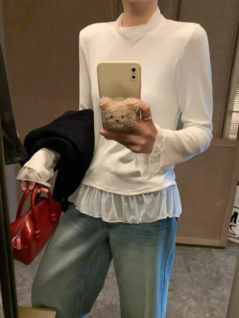 【88706】T#设计感蕾丝拼接百搭打底上衣