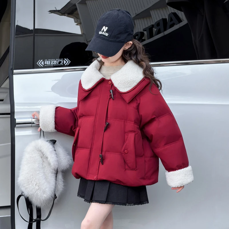 女童2025新款冬季棉服中大童韩版宽松牛角扣棉衣外套加绒加厚保暖