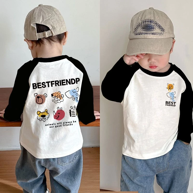 男女童宝宝纯棉拼接长袖t恤秋季新款儿童卡通印花洋气插肩袖打底