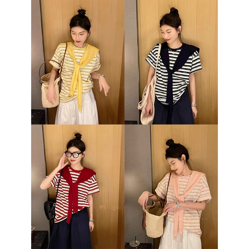 韩系学院风圆领条纹短袖T恤配披肩女夏季小个子百搭正肩薄款上衣