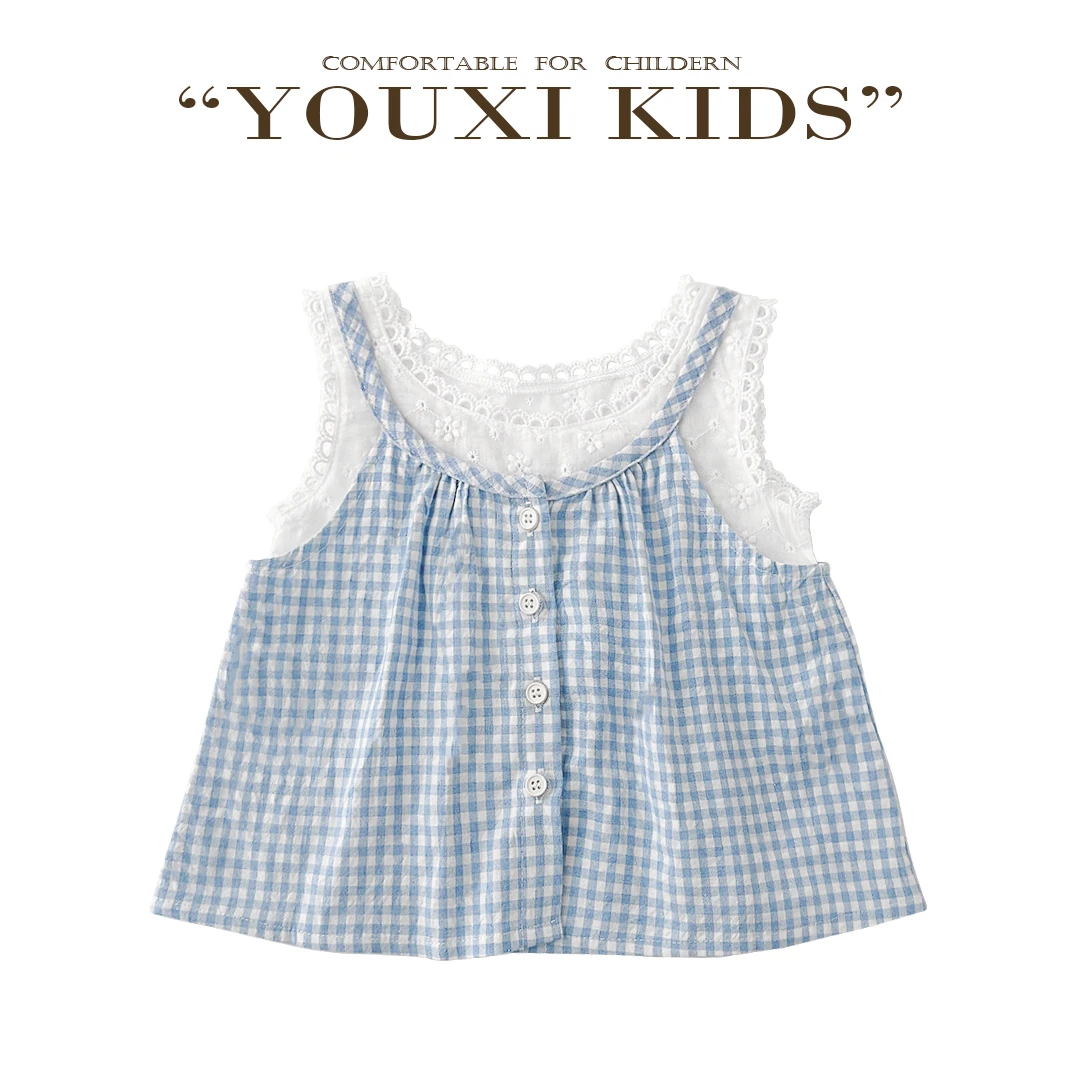 现飞飞家·海盐气泡25女童假两件重工刺绣格子时尚洋气无袖 FF2832