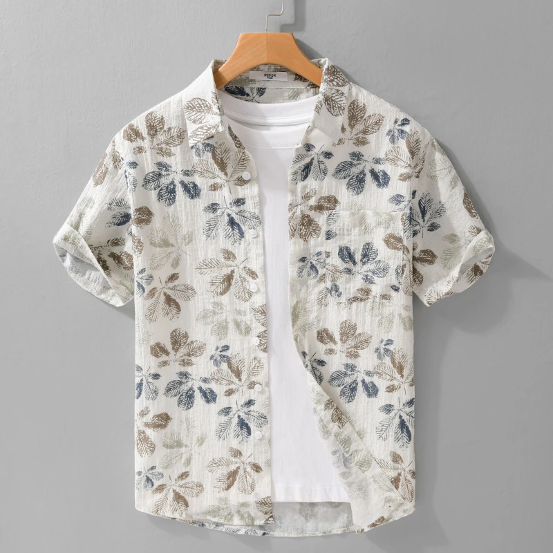 555夏季男士亚麻印花短袖衬衫潮流休闲宽松流行青年百搭半袖衬衣
