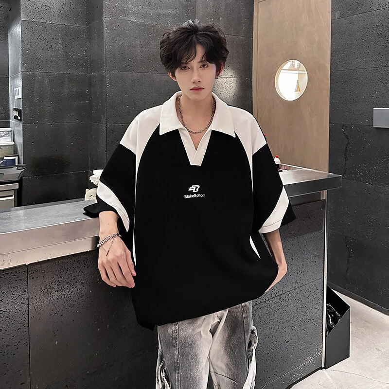 cleanfit美式高街解构拼接翻领短袖t恤男夏季痞帅潮流polo衫半袖