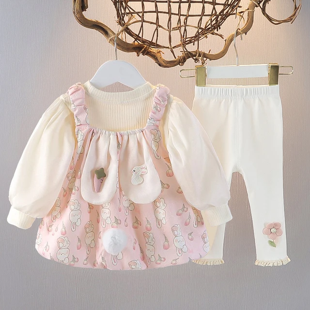 2025新款女童秋季长袖上衣三件套卡通可爱打底衫短款时尚儿童套装