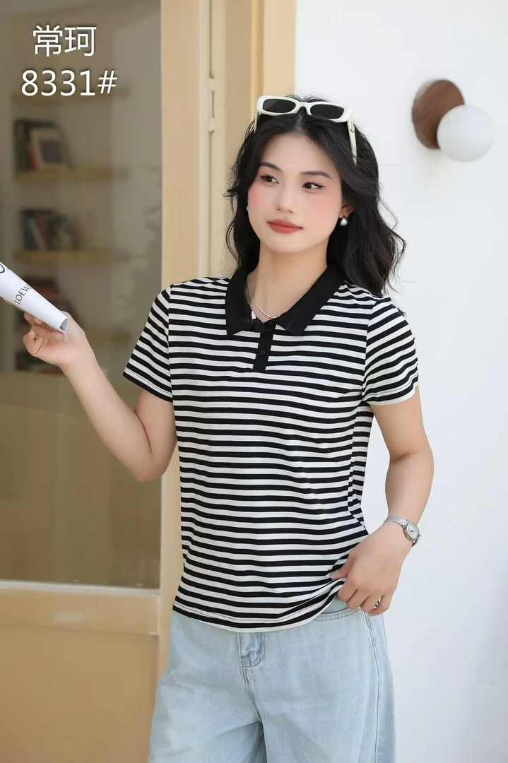 标准宽松休闲韩版翻领清凉立领女T恤短袖条纹女士