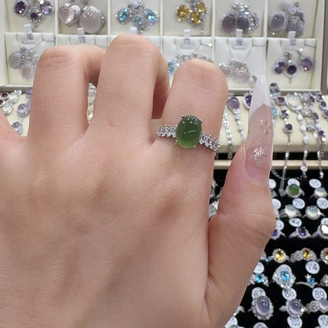 ***蛇纹石玉银S925镶嵌戒指