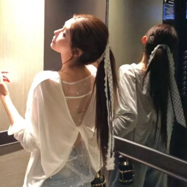 纯欲风后背镂空网纱拼接扭结长袖T恤女款2025新款爆款防晒衫上衣