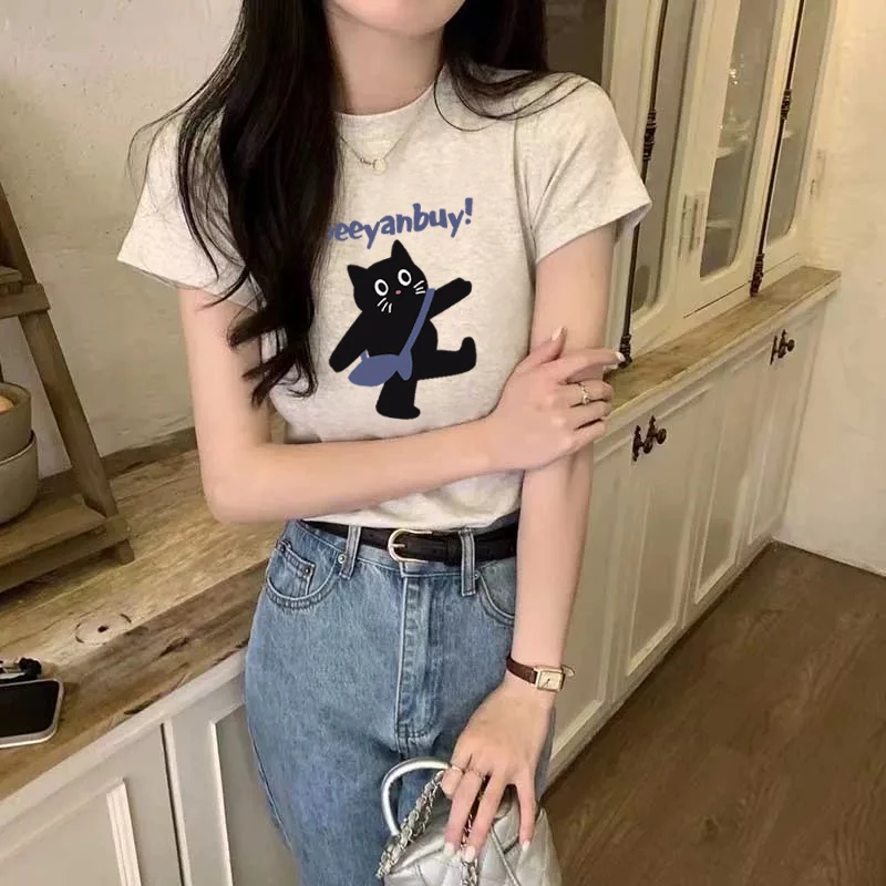 夏季薄款2025年新款正肩纯棉短袖t恤女百搭修身洋气灰色上衣短款