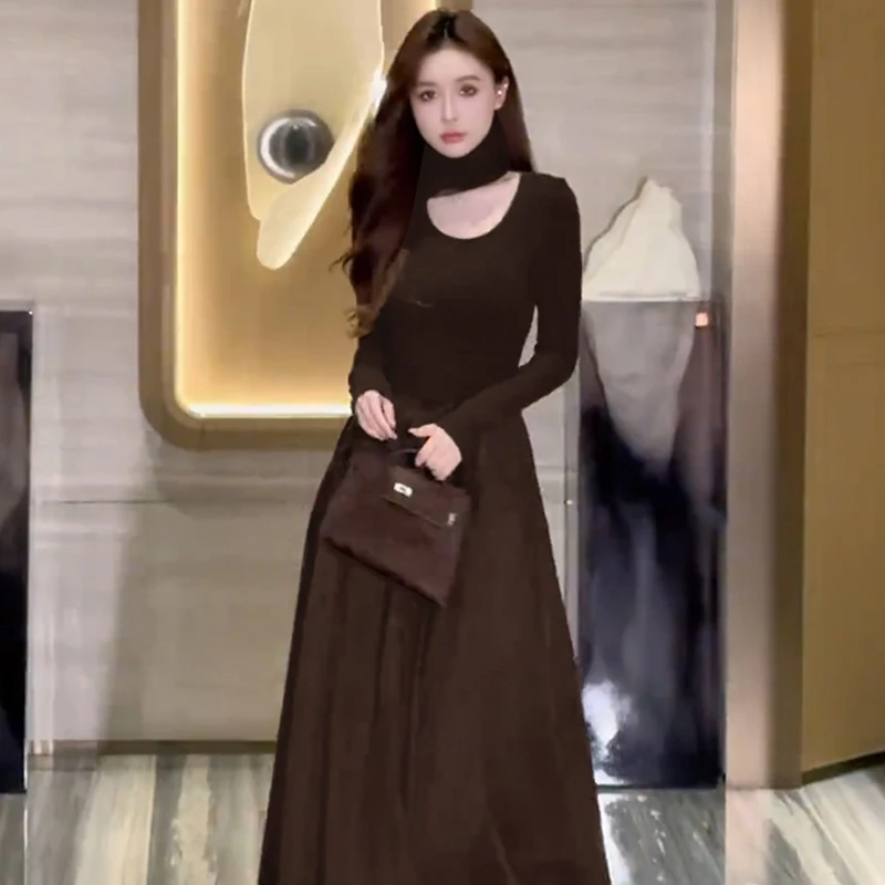 【有里布】A字裙显瘦长袖名媛长款法式赫本风复古气质连衣裙D0185