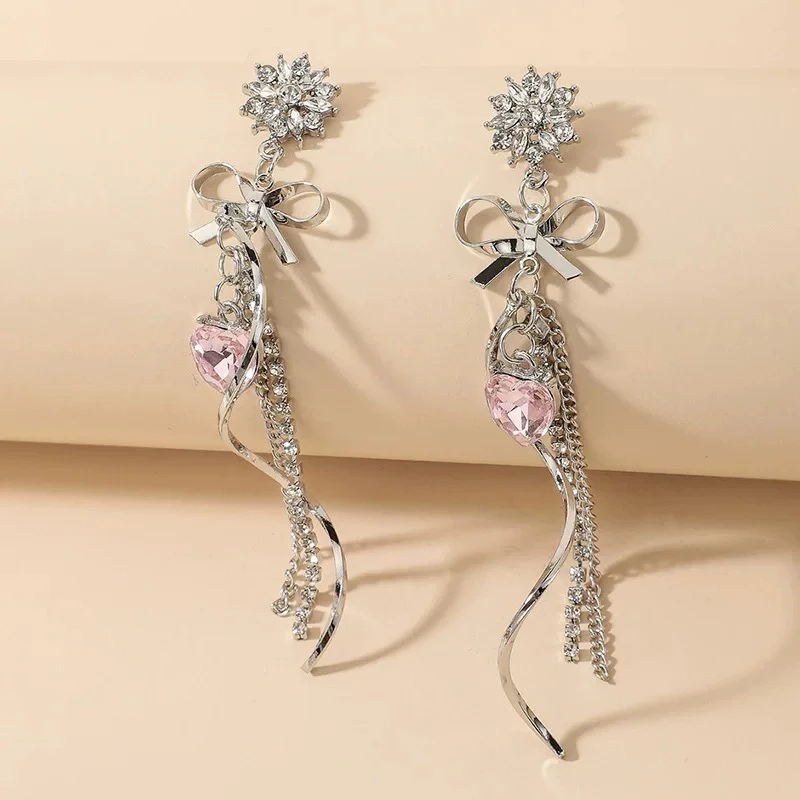 铜合金耳饰 精品/银针爱心花朵蝴蝶结耳环气质长款流苏ins耳饰女