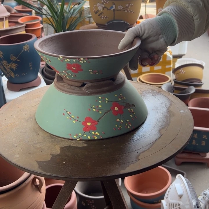 紫砂绿点菜斗盆中小 口径大26×12小22×8