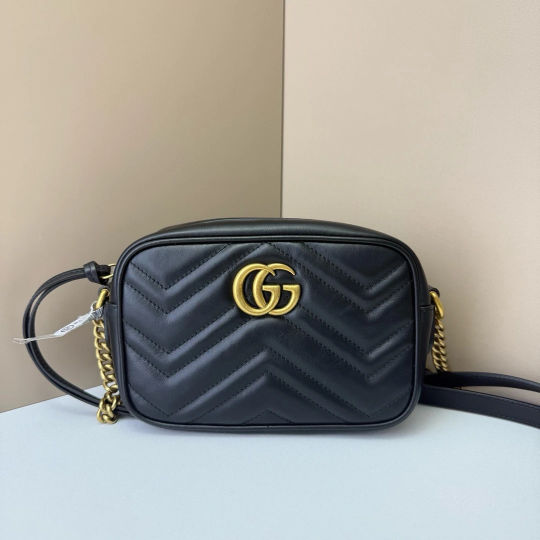 99新 GUCCI/古驰 马蒙黑金相机包mini链条包