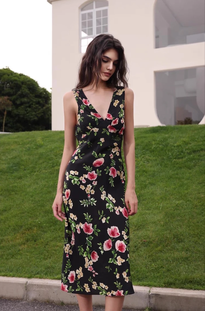 【真丝斜裁】复古时髦深V性感裙子气质碎花超显瘦连衣裙S-6005