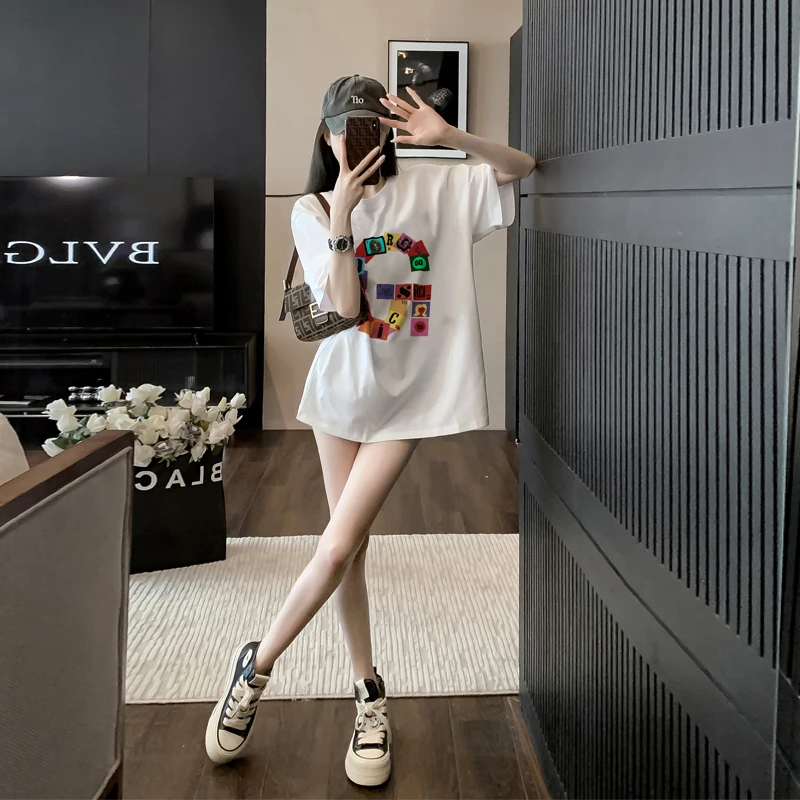 夏季字母印花t恤短袖女显瘦遮肚子减龄洋气时尚小众圆领中长款T恤