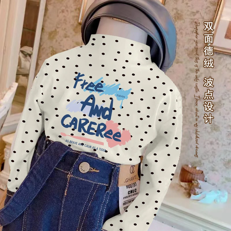 新款潮秋冬女童德绒童装儿童上衣洋气波点长袖T恤半高领内搭上衣