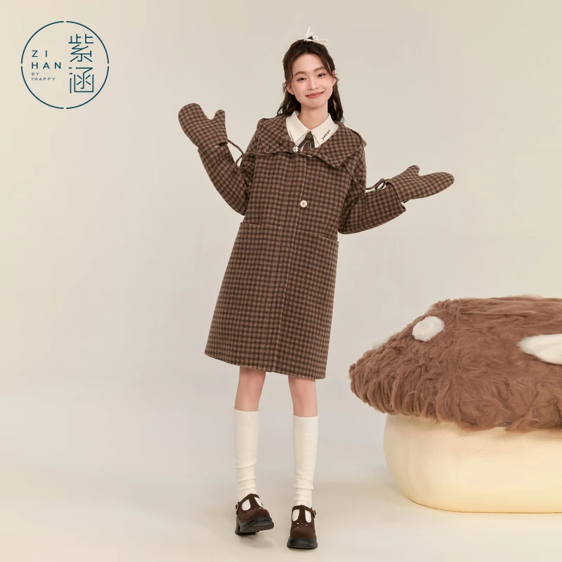 紫涵中长款格纹呢大衣女冬新款学院百搭外套赠手套Z4Z10AS163