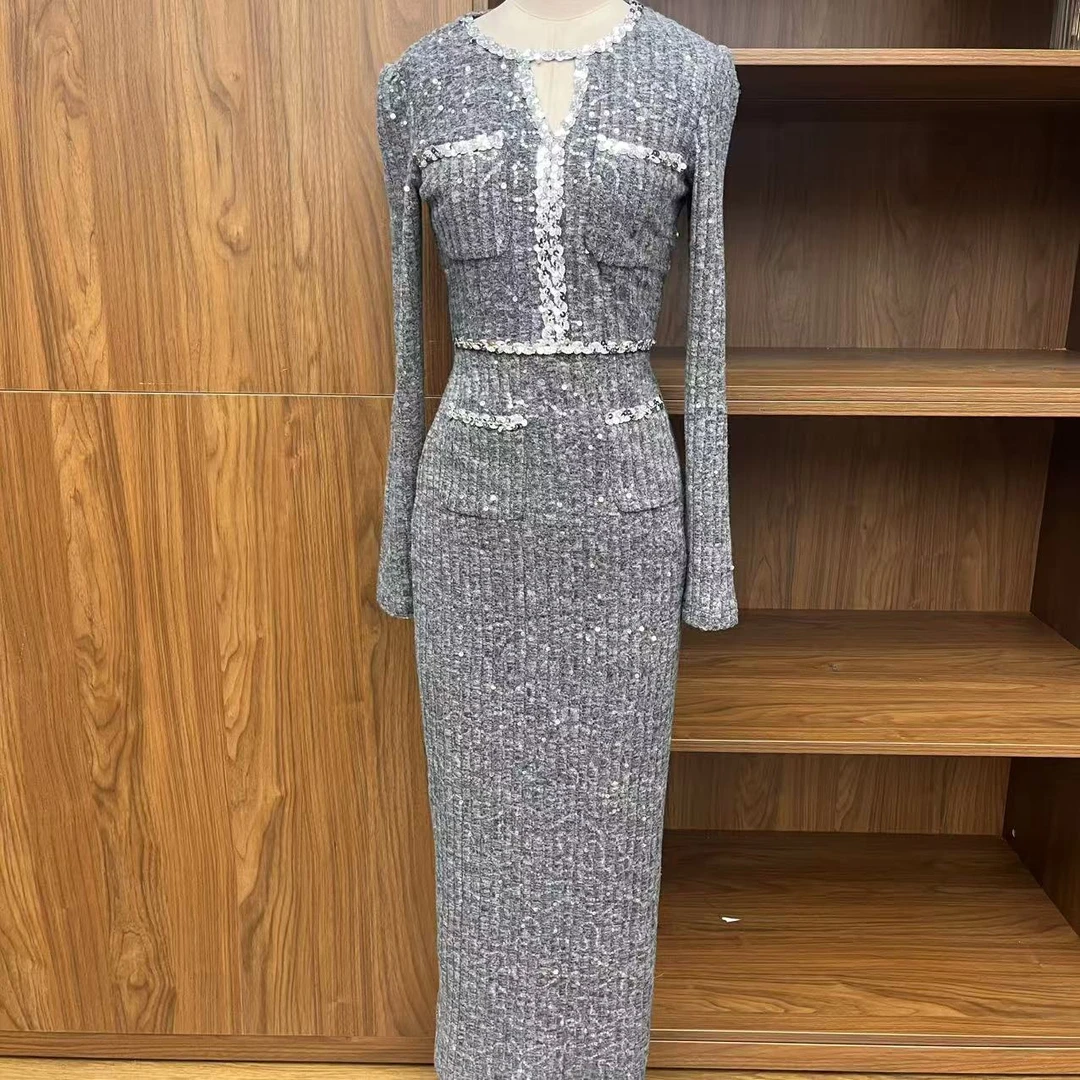 【梁千万】华伦灰韵冬季新款法式气质高级显瘦直筒连衣裙-YL11211