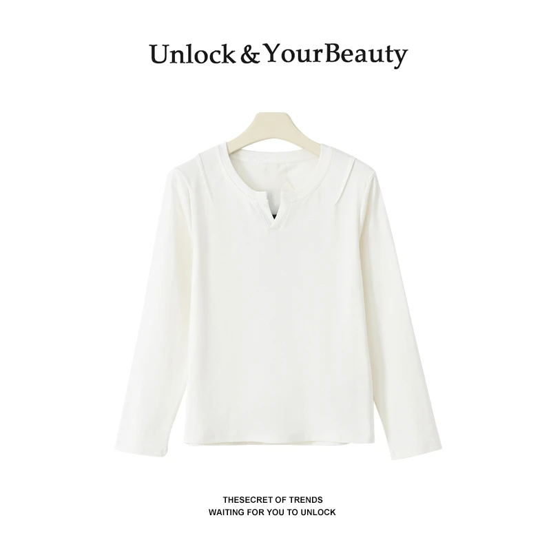 老钱风春秋新显瘦高弹百搭半开领打底衫长袖T恤女简约圆领上衣