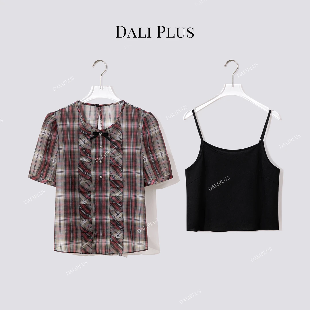 DALI PLUS“两件套红格纹衬衫”重磅桑蚕丝荷叶边短袖-D5CH4443
